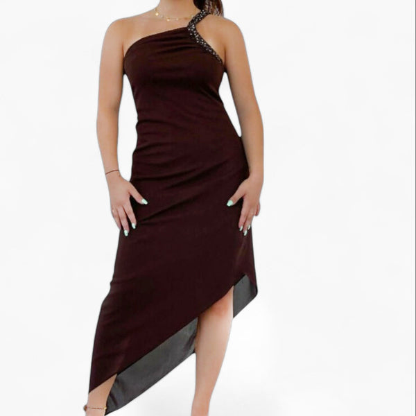 Medium Vintage 1995 One Shoulder Beaded Brown Asymmetric Dress