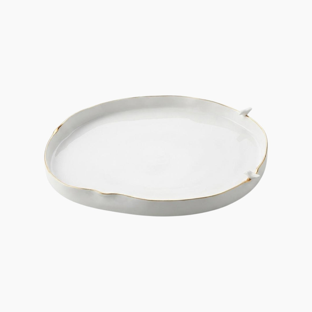 Leap of Clay white fish plate with gold rim and two bird illustrations