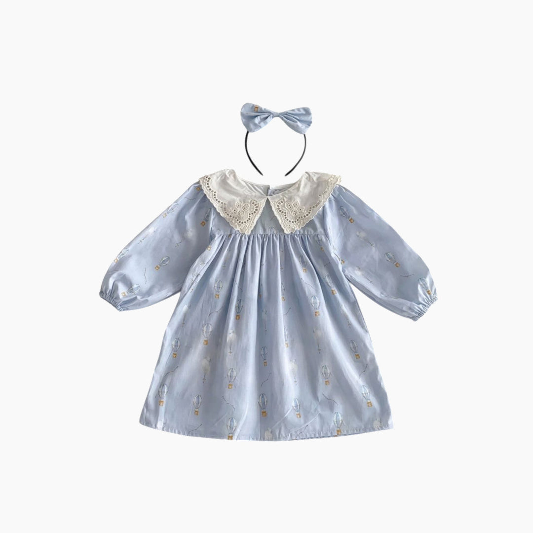 Lulu &amp; Sky light blue and white balloon pattern cotton dress with Peter Pan collar and ruffled hem