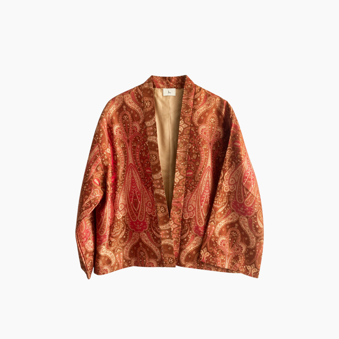 Rusty Red Silk Paisley Kimono Jacket with Gold Silk Lining