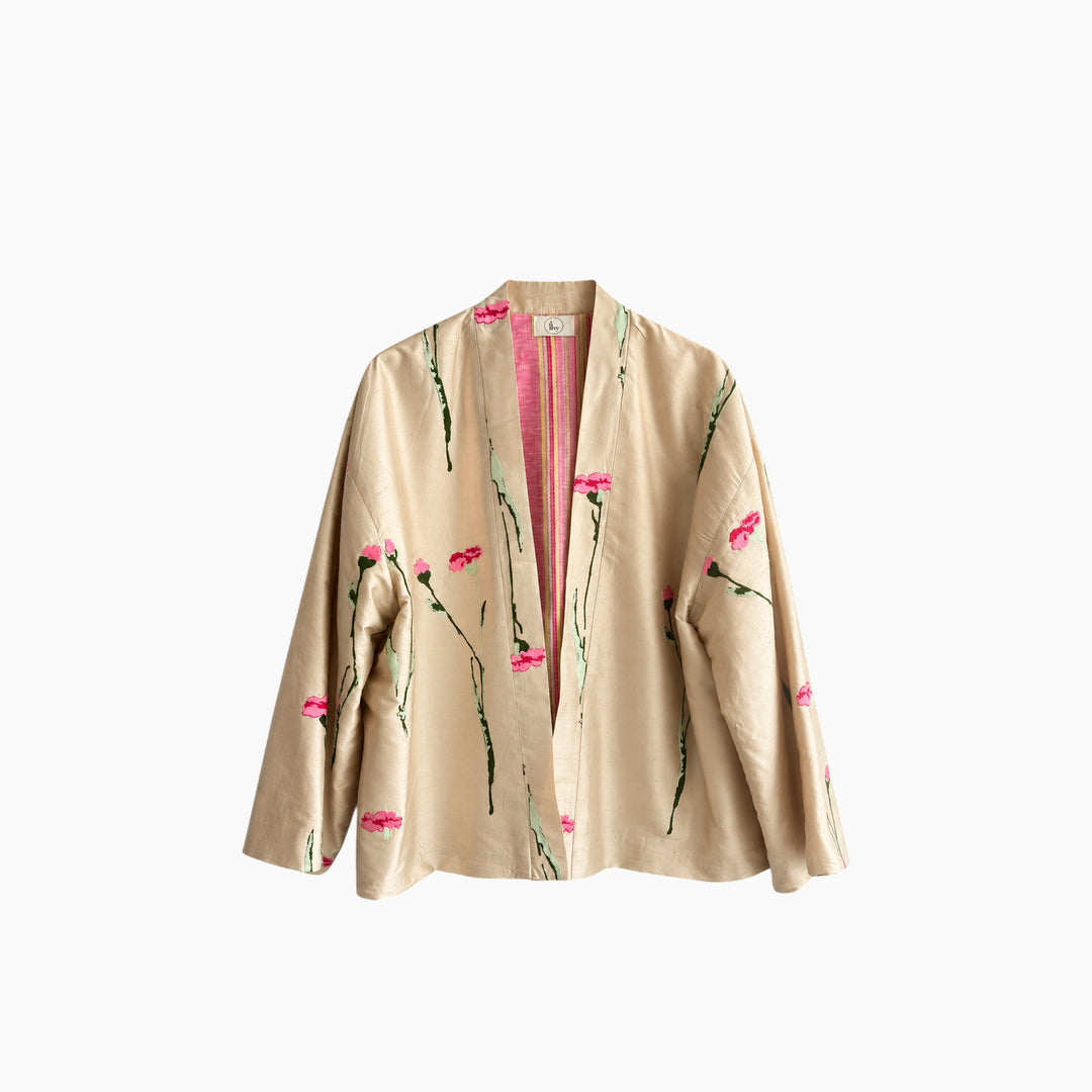 Off White Silk Kimono Jacket with Pink Flowers