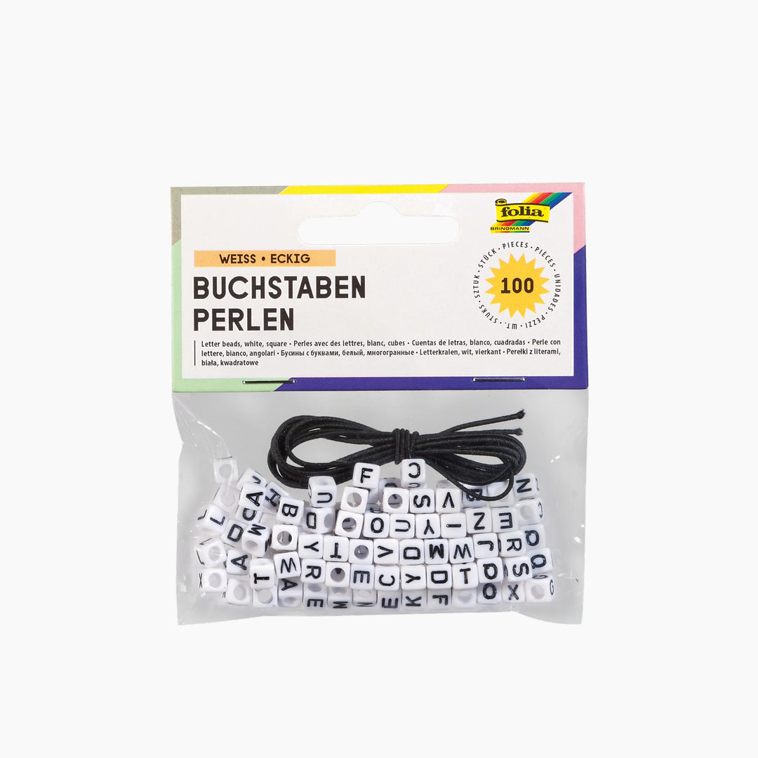 Folia Square Letter Beads – 100 Pieces, White, Includes 1 m Elastic Thread