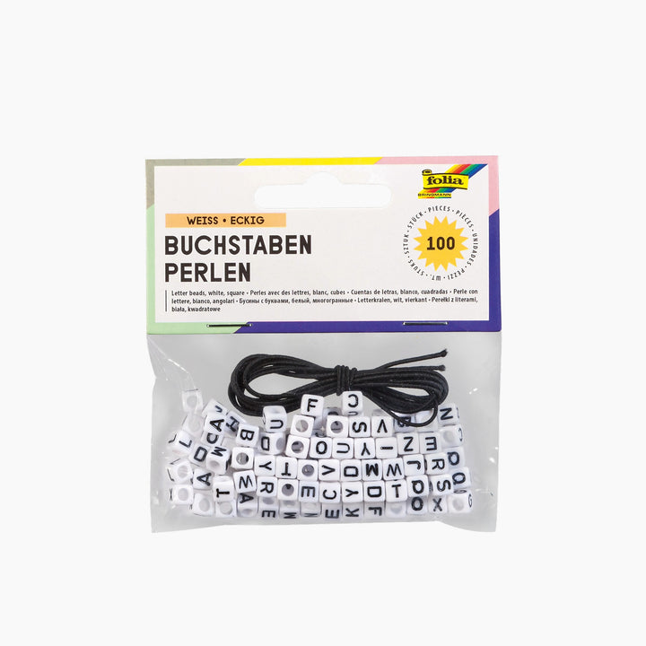 Folia Square Letter Beads – 100 Pieces, White, Includes 1 m Elastic Thread