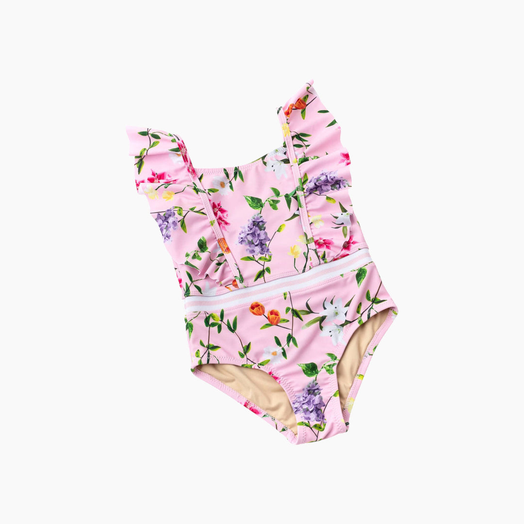 Shade Critters one-piece swimsuit with wildflower print and ruffled shoulders