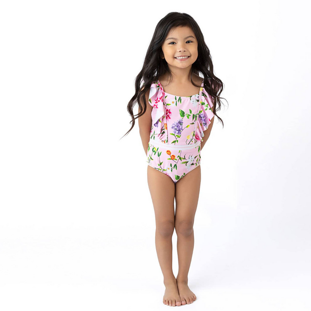 Shade Critters one-piece swimsuit with wildflower print and ruffle shoulders
