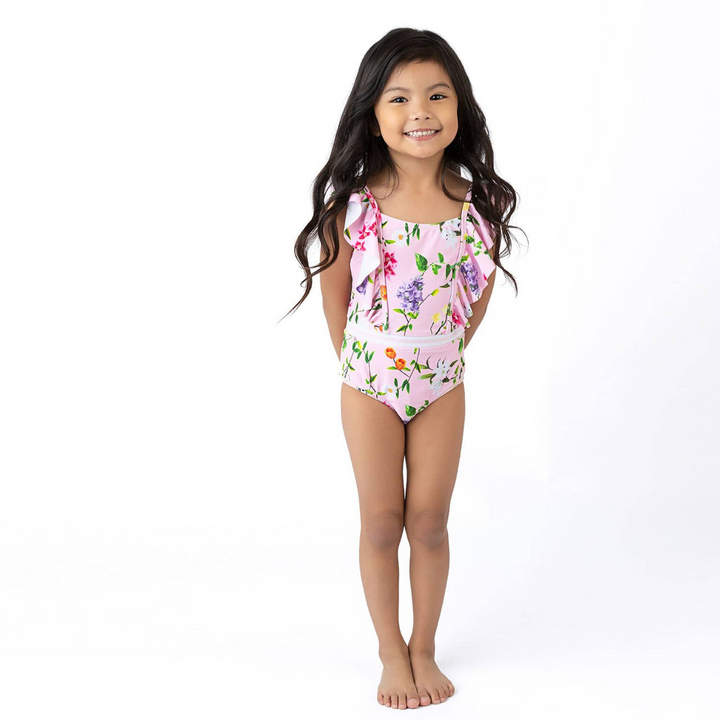Shade Critters one-piece swimsuit with wildflower print and ruffle shoulders