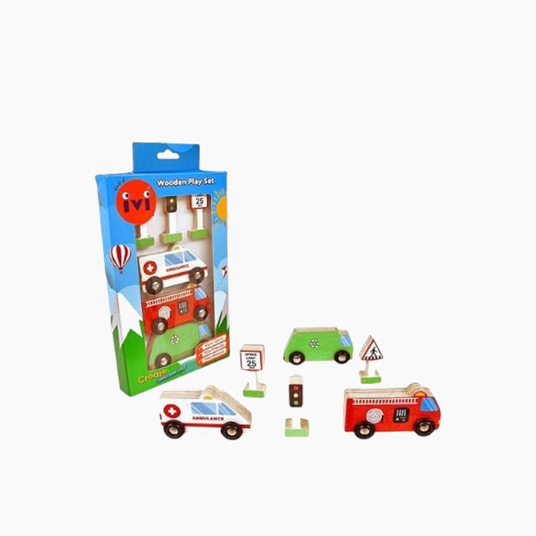 Wooden rescue playset with garbage truck, fire engine, and ambulance