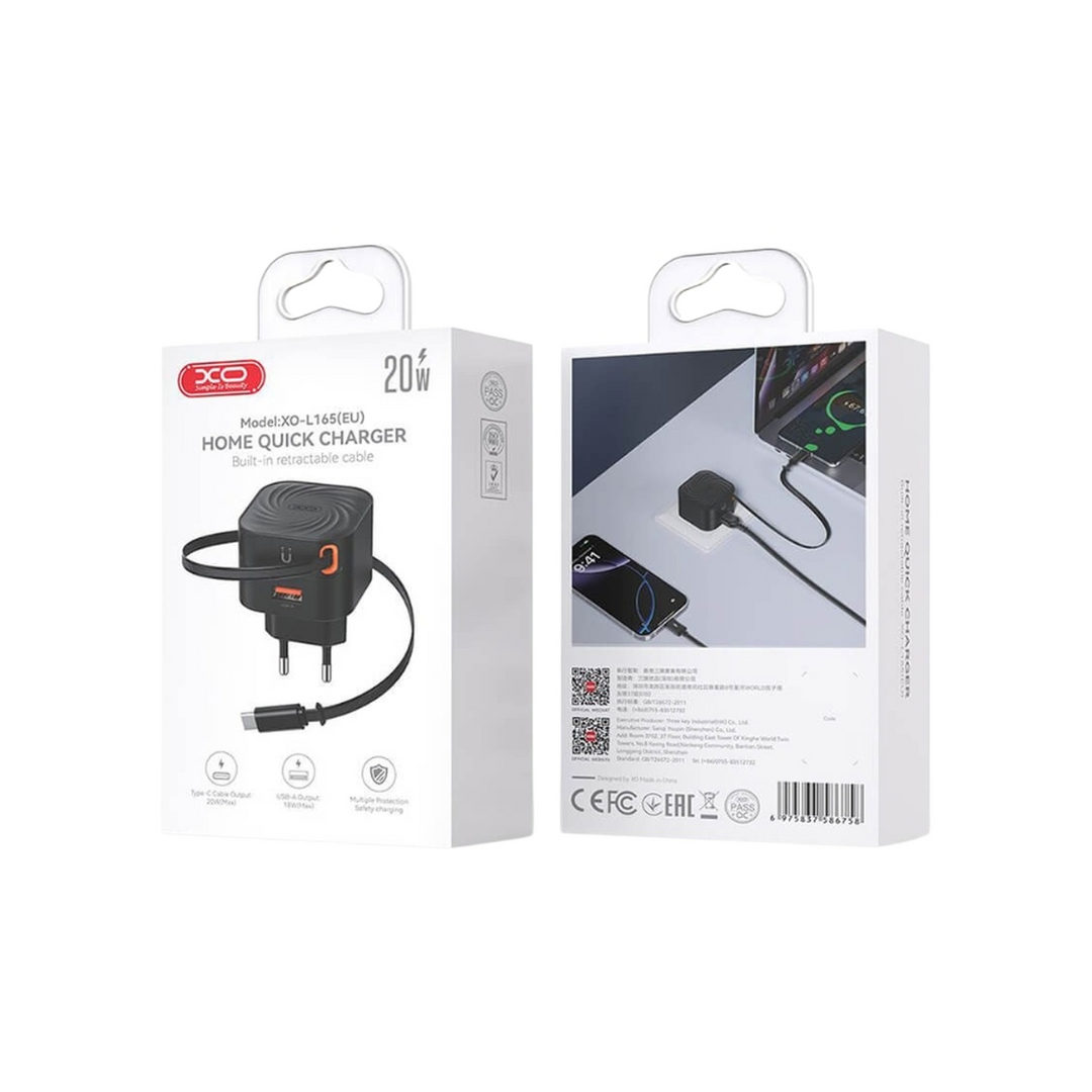 XO L165 20W Fast Charger with Retractable Cable