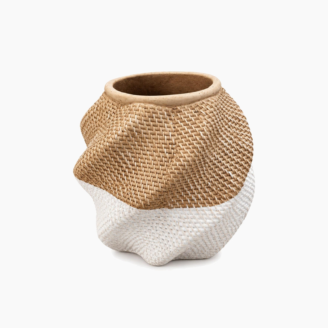 Cement Pot with Wooden Bead String and Hanging Tassel - XY9607-14