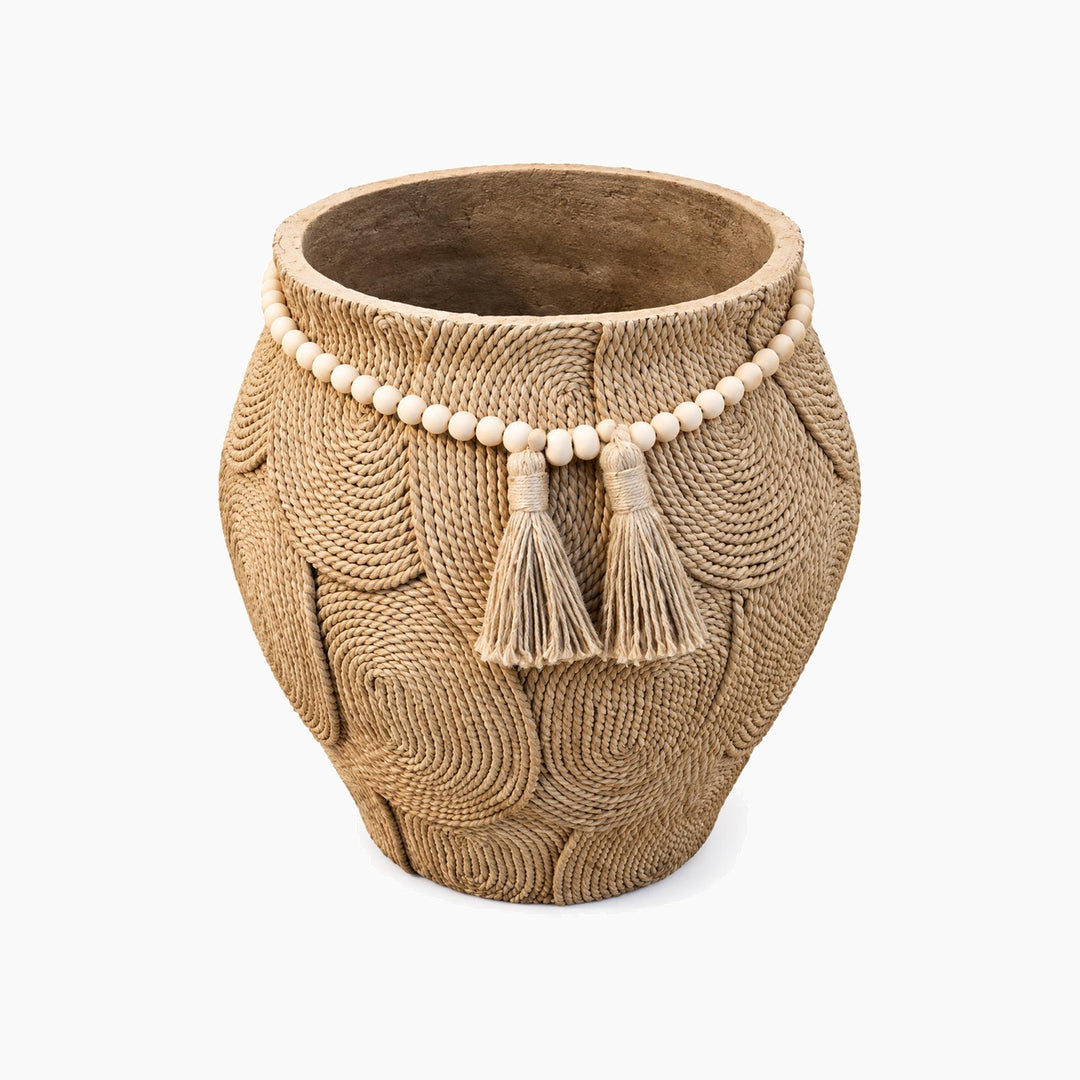 Cement Pot with Wooden Bead String and Hanging Tassel - XY9612-18.2