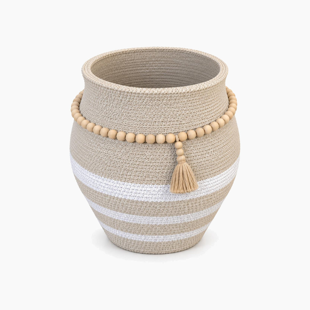 Cement Pot with Wooden Bead String and Hanging Tassel - XY9619-14.5