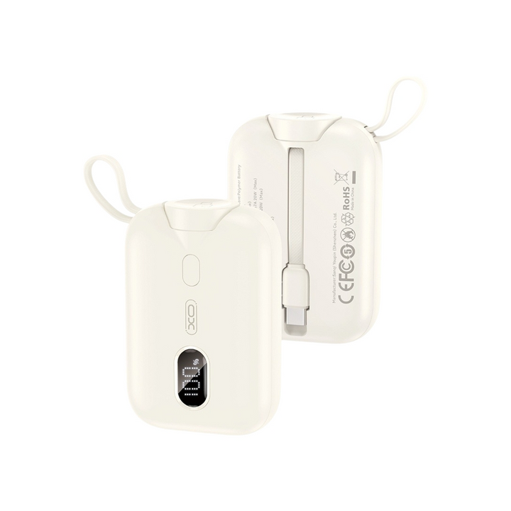 XO PR260 10,000mAh Power Bank with Built-in USB-C Cable &amp; Smartwatch Charger - White
