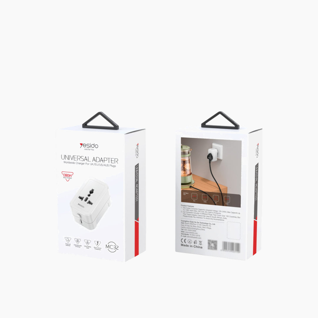 YESIDO MC32 universal charging adapter with multi-national plug support