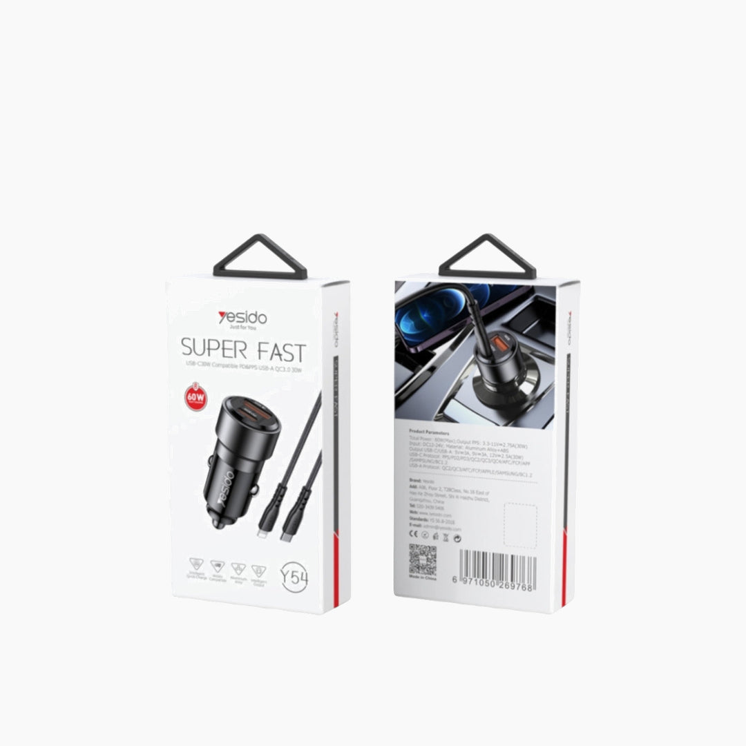 YESIDO Y54 Car Charger With Lightning Cable (60W)