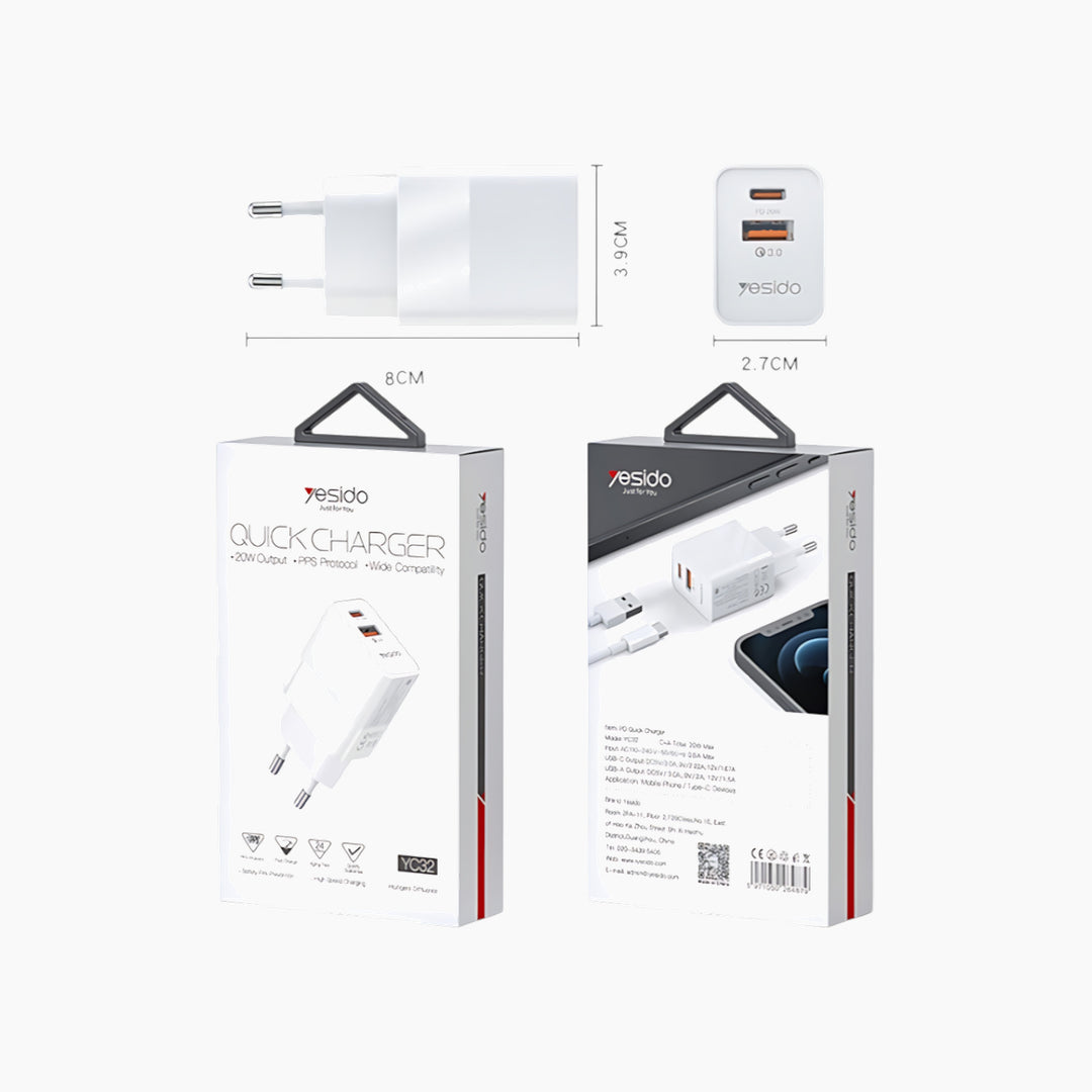 YESIDO YC-32 dual ports 20W fast charger adapter