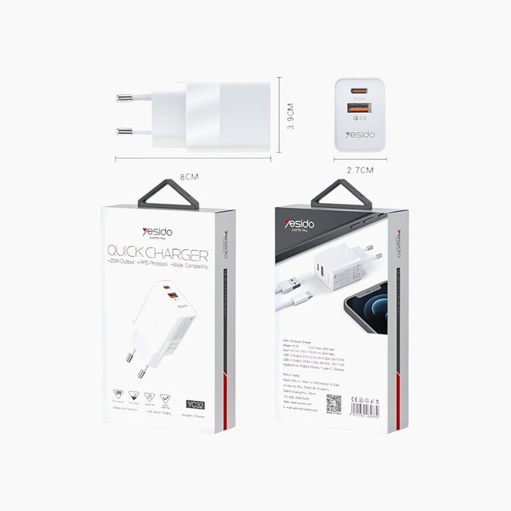 YESIDO YC-32 dual ports 20W fast charger adapter