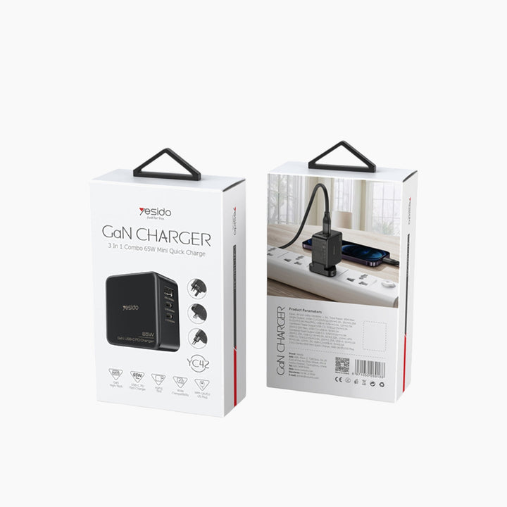 YESIDO YC42 65W GaN 3-port wall charger with replaceable plugs