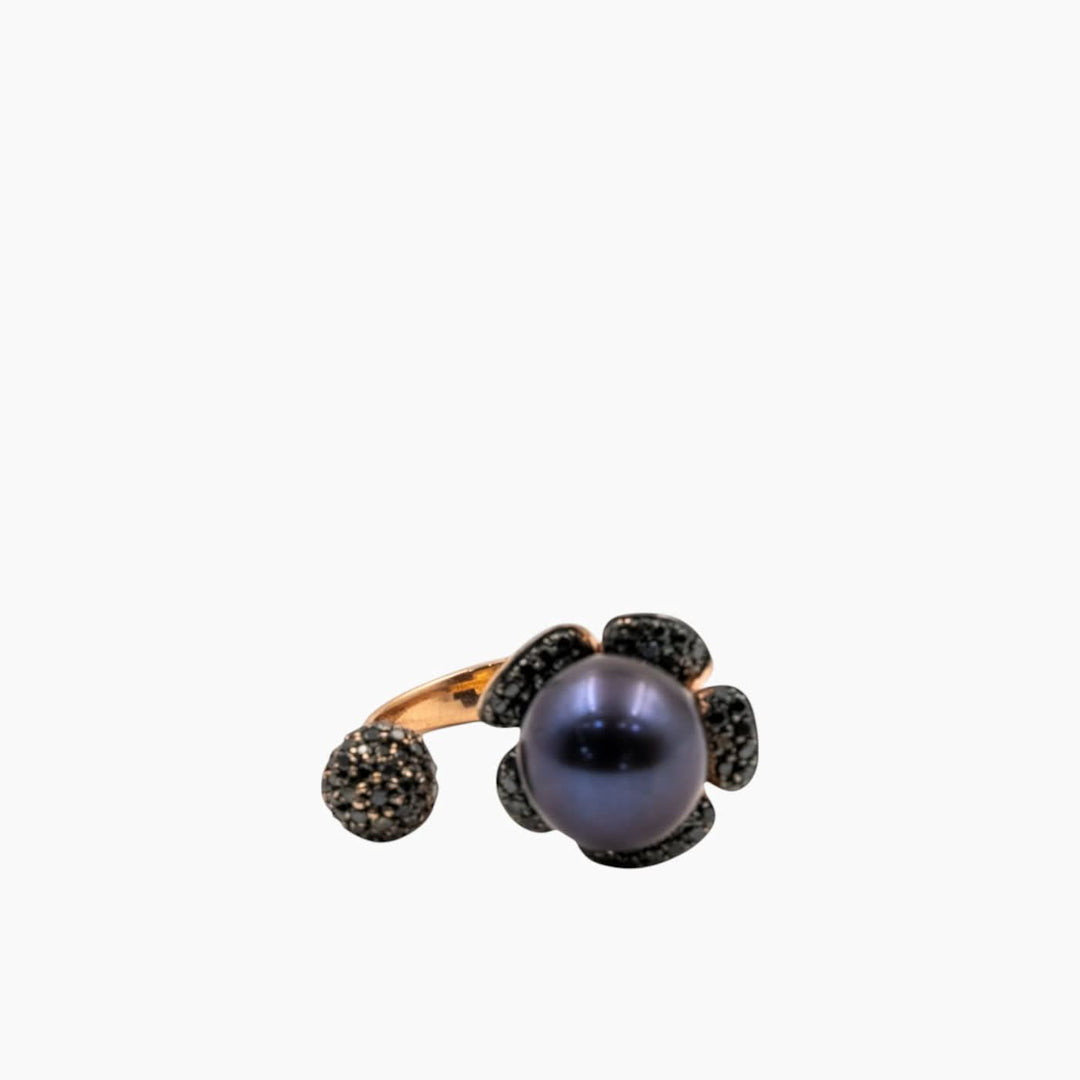 Nadine Shami Yellow Gold Ring with Black Diamond and Black Pearl Ring
