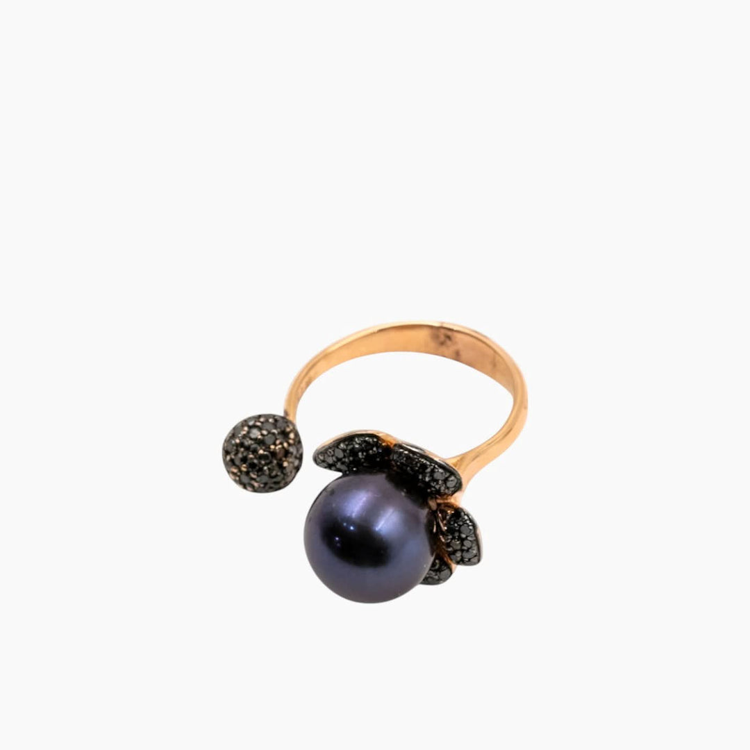 Nadine Shami Yellow Gold Ring with Black Diamond and Black Pearl Ring