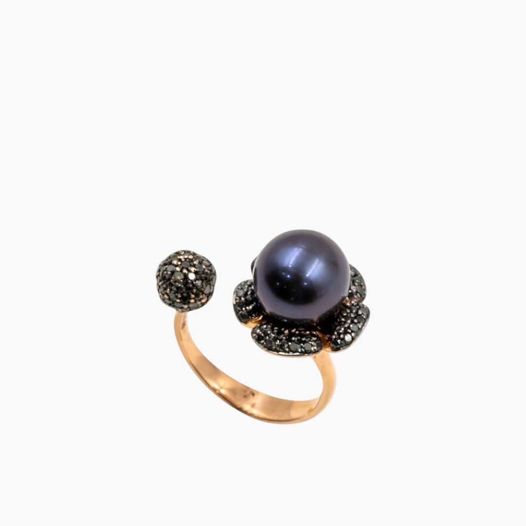 Nadine Shami Yellow Gold Ring with Black Diamond and Black Pearl Ring