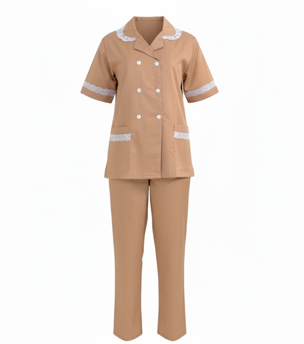 Beige Uniform with White Lace Trim