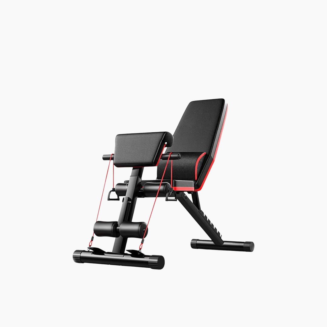 Adjustable weight bench with black and red color scheme