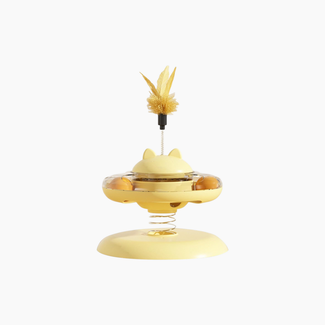 Village Care yellow cat toy with self-feeding ball