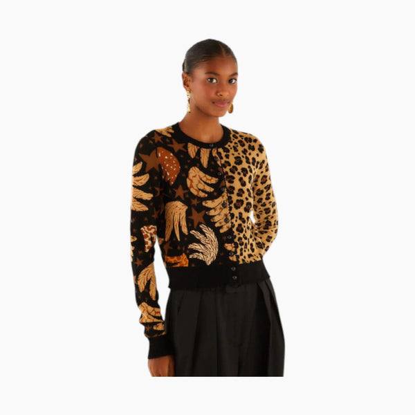 Farm Rio Banana Leopard Mix Print Jacquard Cardigan