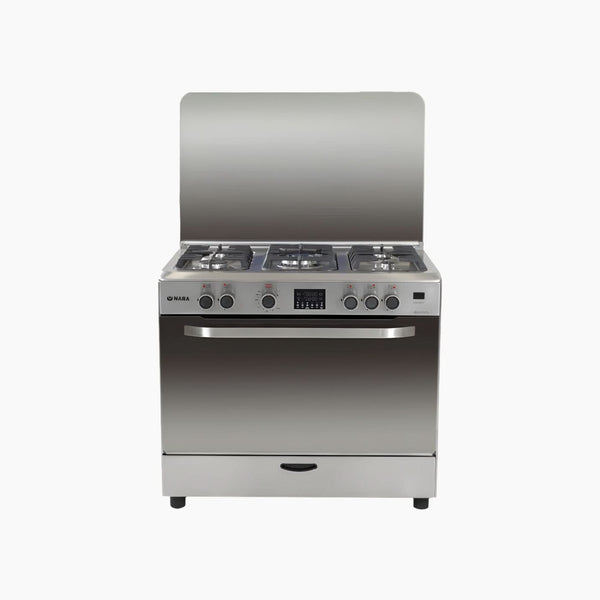 طباخ غاز من الفولاذ المقاوم للصدأ غير اللامع، 5 شعلات غاز، دعامة مقلاة من الحديد الزهر مع مروحة تبريد، 90 سم