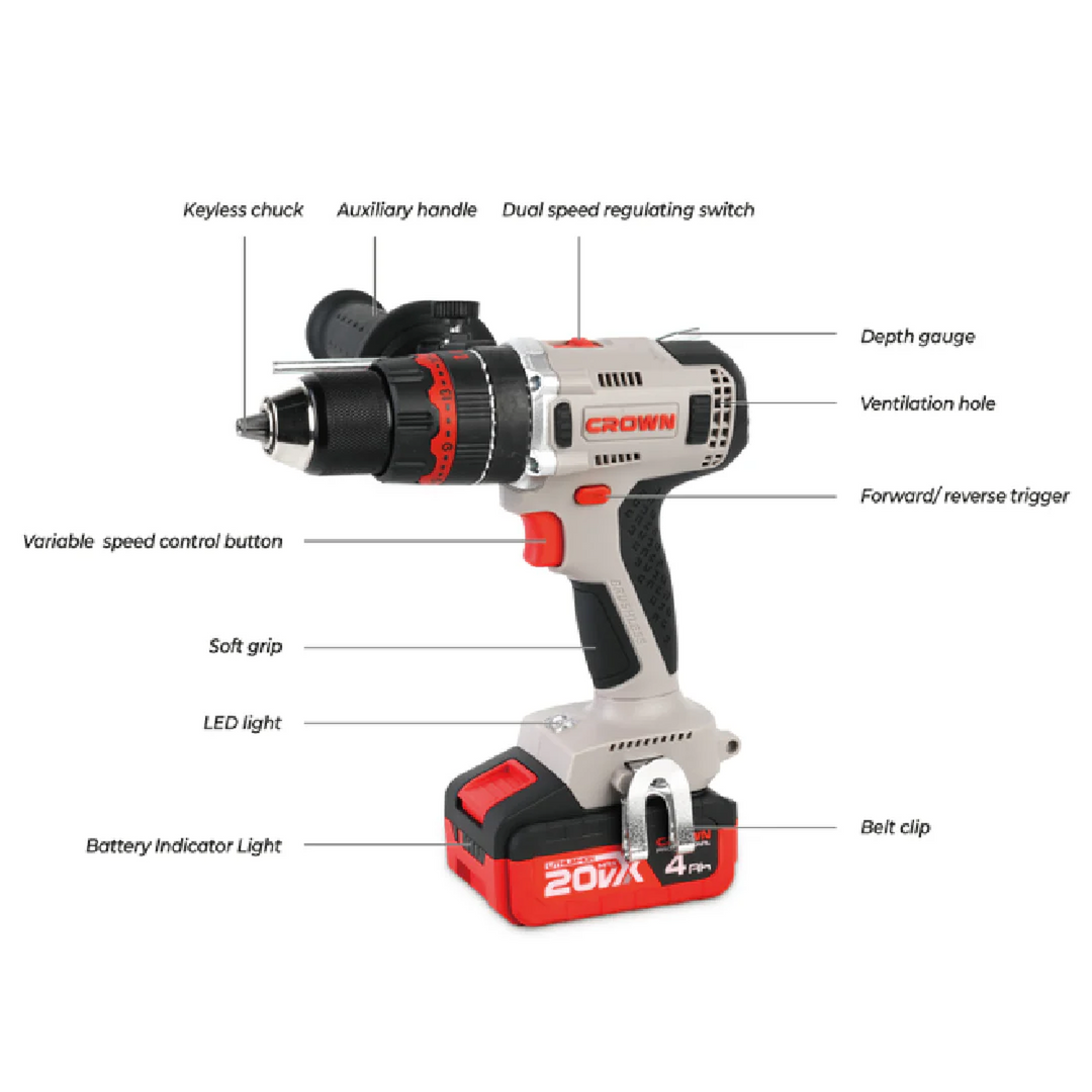 Crown Cordless Hammer Drill 20V 13mm with Metal Chuck