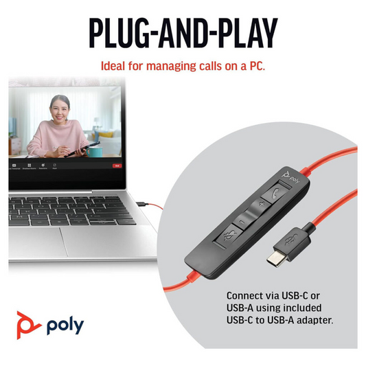 سماعة رأس سلكية Poly Blackwire 3220 (بلانترونيكس) - سماعة رأس ستيريو بخاصية إلغاء الضوضاء بمنفذ USB-C/USB-A