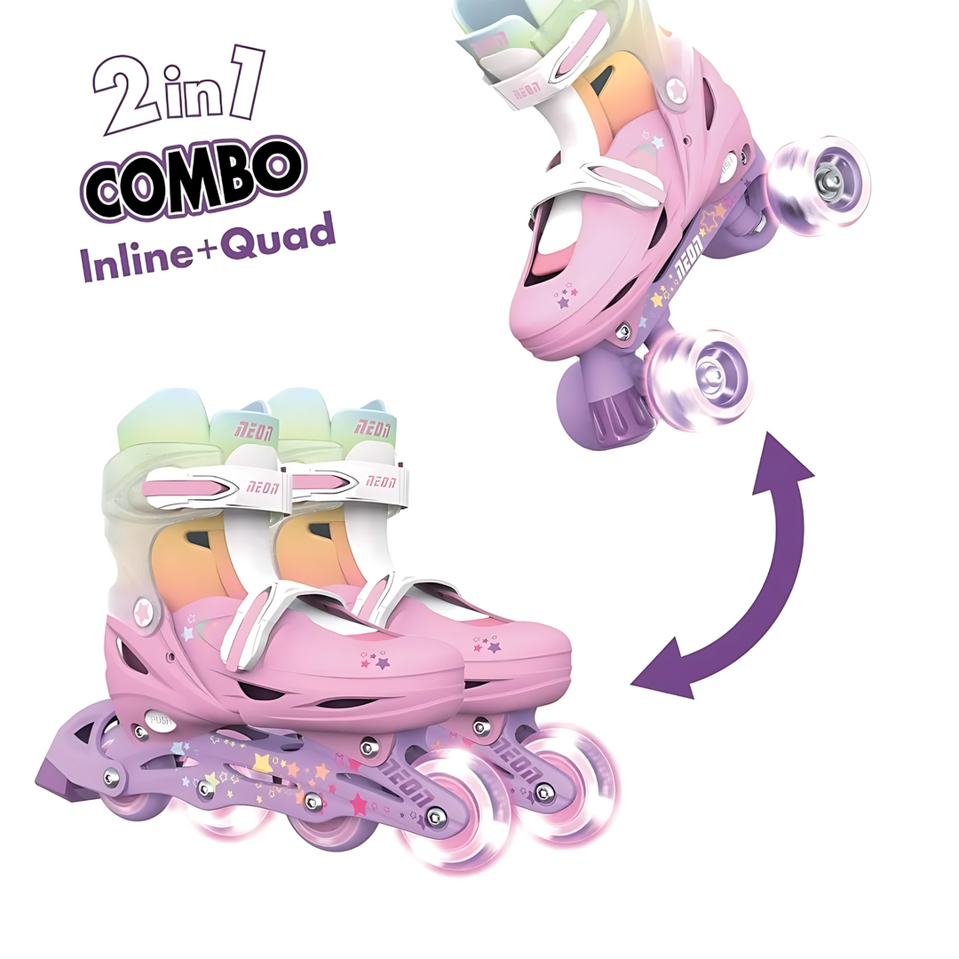 حذاء تزلج Yvolution Neon Combo RGB - مقاسات أمريكية من 3 إلى 6، قابل للتعديل، مزود بمشابك، فرامل كعب، وعجلات بإضاءة LED