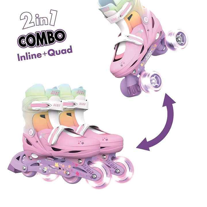 حذاء تزلج Yvolution Neon Combo RGB - مقاسات أمريكية من 3 إلى 6، قابل للتعديل، مزود بمشابك، فرامل كعب، وعجلات بإضاءة LED