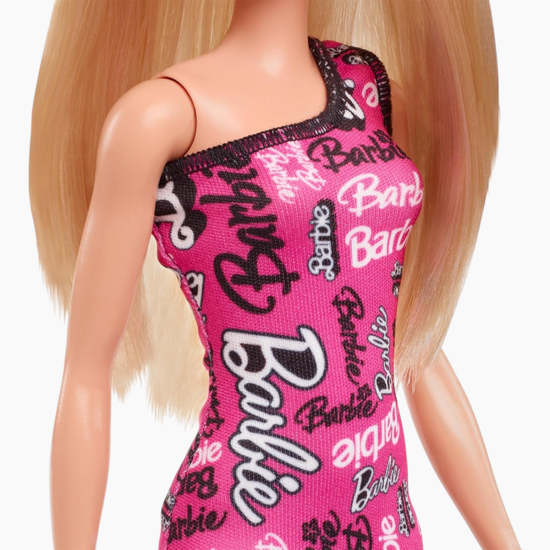 Mattel Barbie® Doll With Smooth Blonde Hair Dressed In Asymmetric Removable Pink Dress And Logo Print Shoes